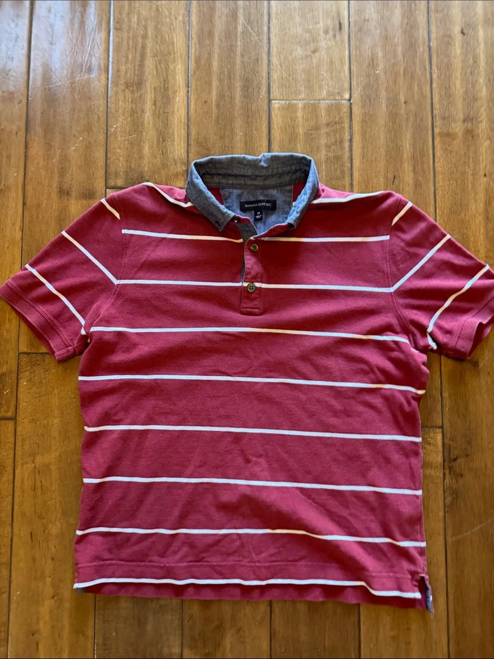 Banana Republic Burgundy and White Striped Polo with Contrast Chambray Collar me